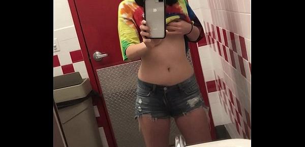  Playing with my tits in a Five Guys bathroom